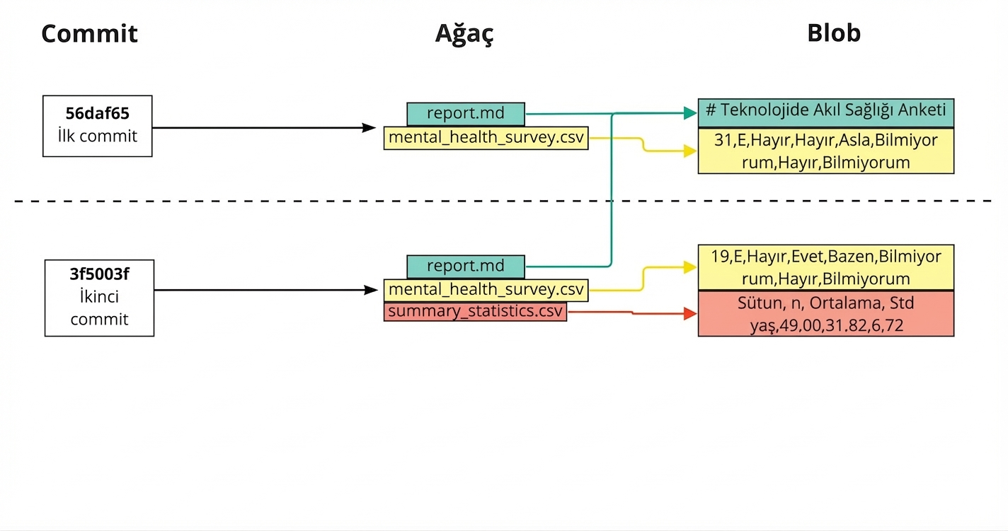 İlk ve ikinci commit’i gösteren diyagram; ikinci commit’in tree’sinde rapor, ruh sağlığı anketi ve özet istatistikler; rapor önceki commit’in blob’una, diğer iki dosya ikinci commit’in blob’una bağlı