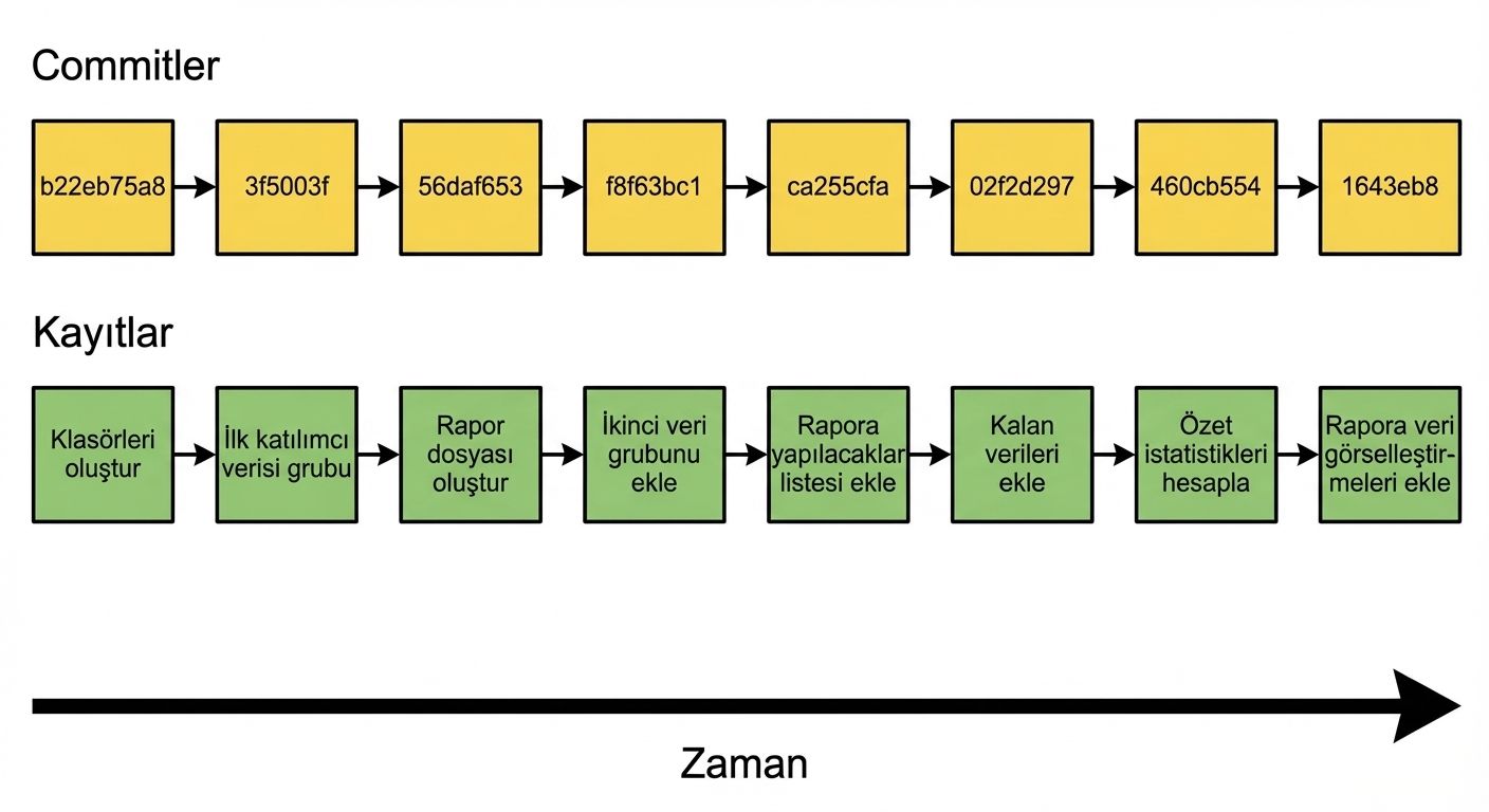 Sekiz commit'in hash'leri ve log iletilerini gösteren diyagram