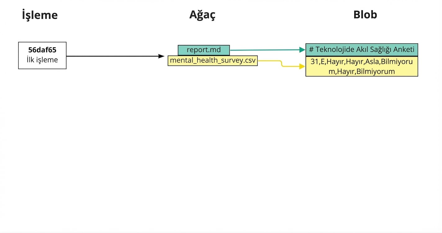İlk commit’leri gösteren diyagram; tree’de rapor ve ruh sağlığı anketi bağlantıları ve her dosyanın blob’daki içerik anlık görüntüleri