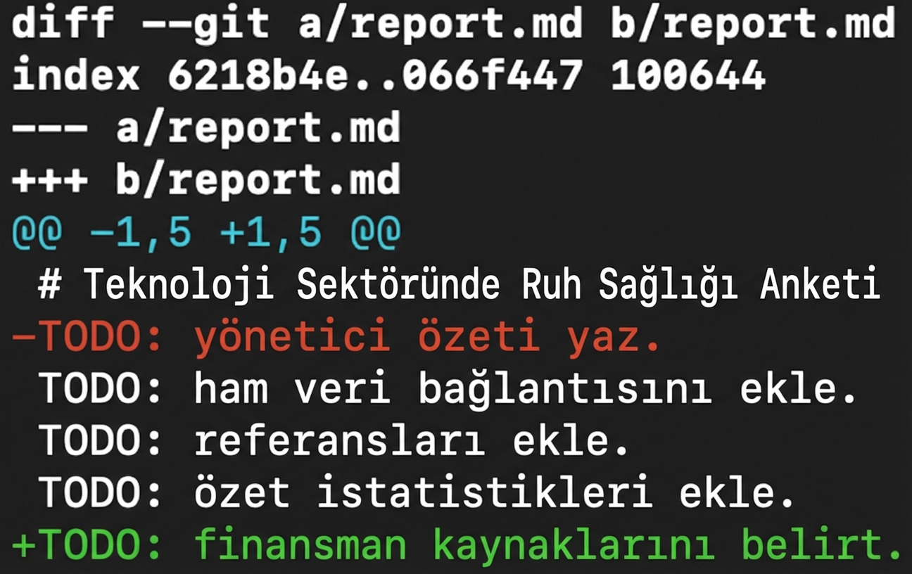 git diff --staged report.md çıktısı; git diff report.md ile önceki çıktıyla eşleşiyor