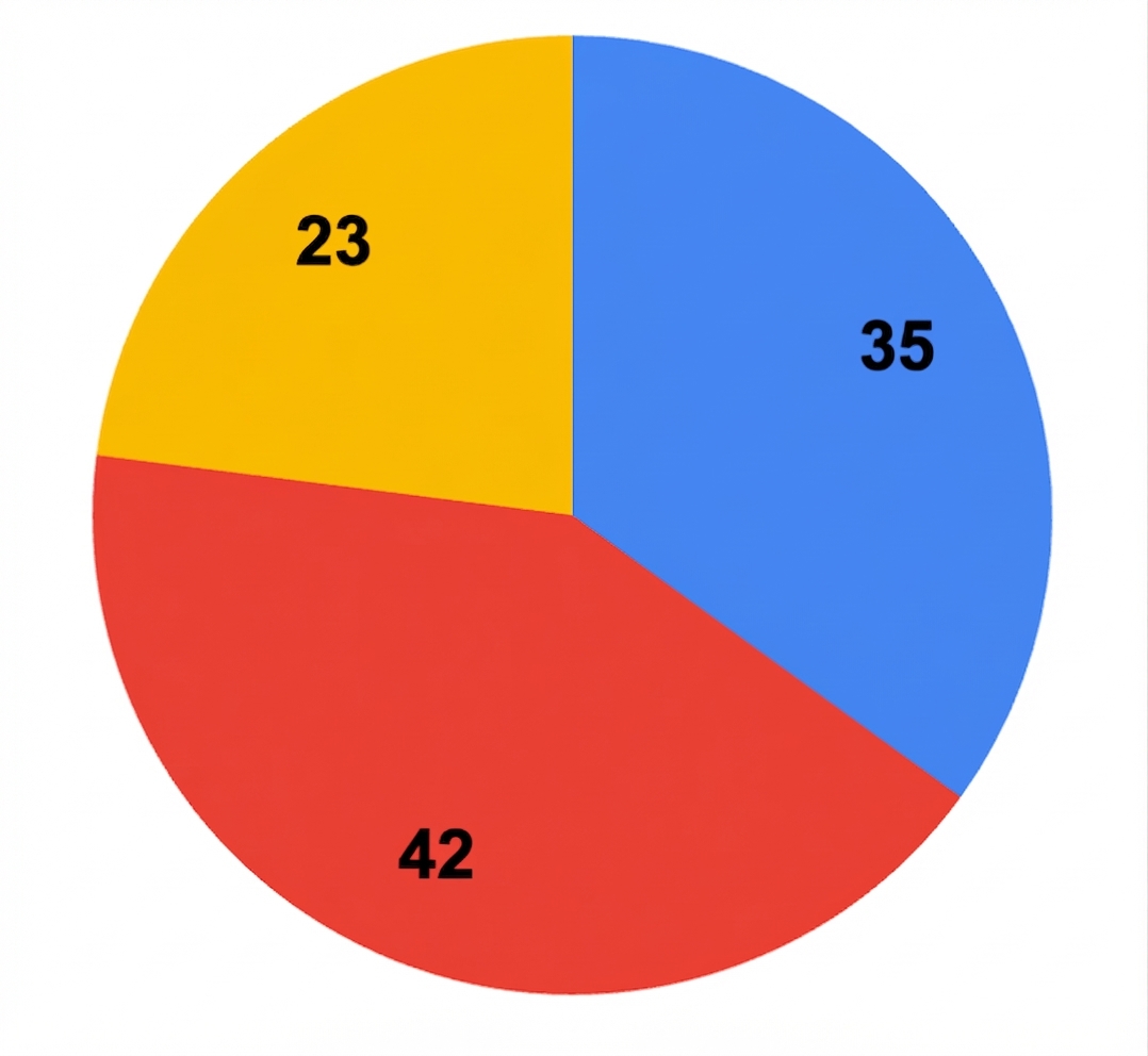 Üst üste bindirilmiş sayılarla birlikte 3 ana rengi gösteren bir pasta grafik