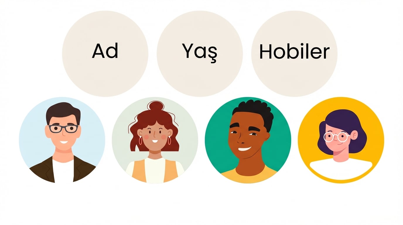 Dört avatar ve ad, yaş, hobi içeren üç daire