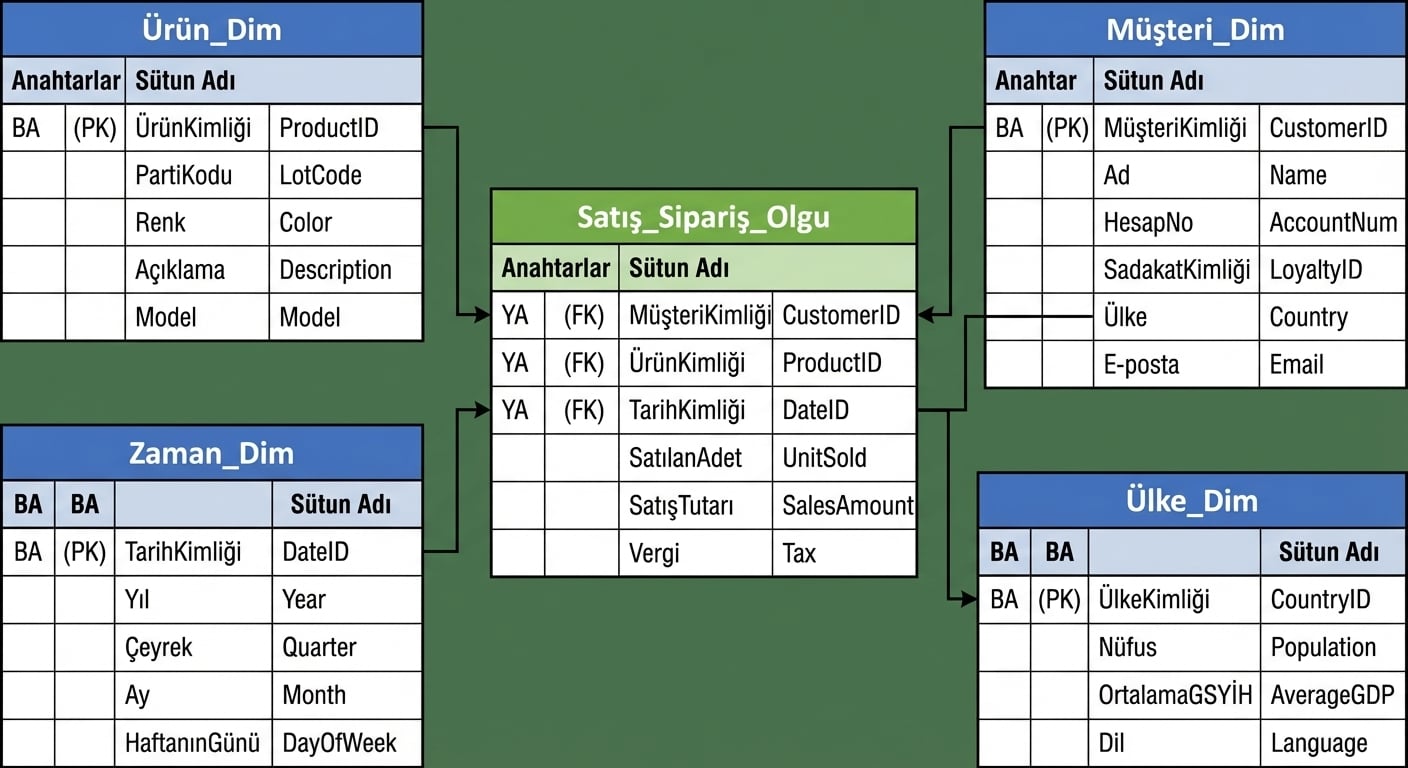Merkezi satış siparişi tablosunun ürün, müşteri, zaman boyut tabloları ve müşteriye bağlı ülke tablosuyla çevrili görseli