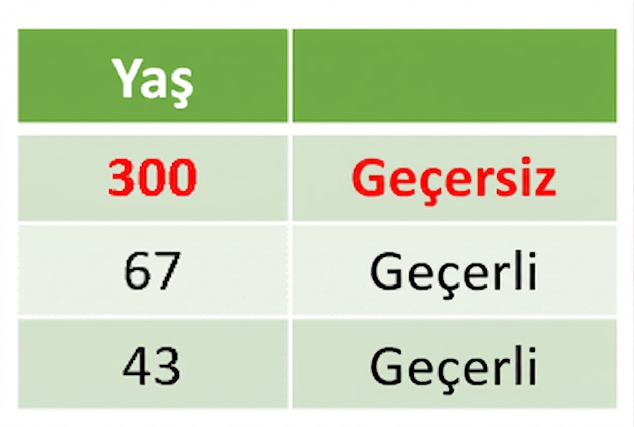 Yaş tablosunda ilk satır 300 olarak listelenmiş ve geçersiz olarak işaretlenmiş.
