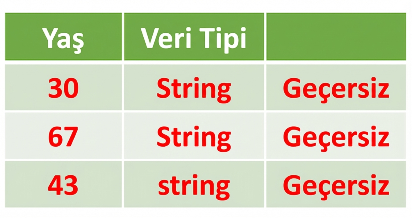 Üç sütunlu tabloda ilk sütun Yaş ve veri türü metin olarak belirtilmiş; geçersiz olarak işaretlenmiş.
