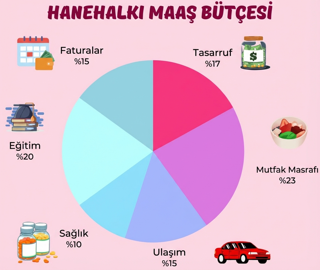 haneler için maaş günü bütçesinin yüzde dağılımını karşılaştıran pasta grafik