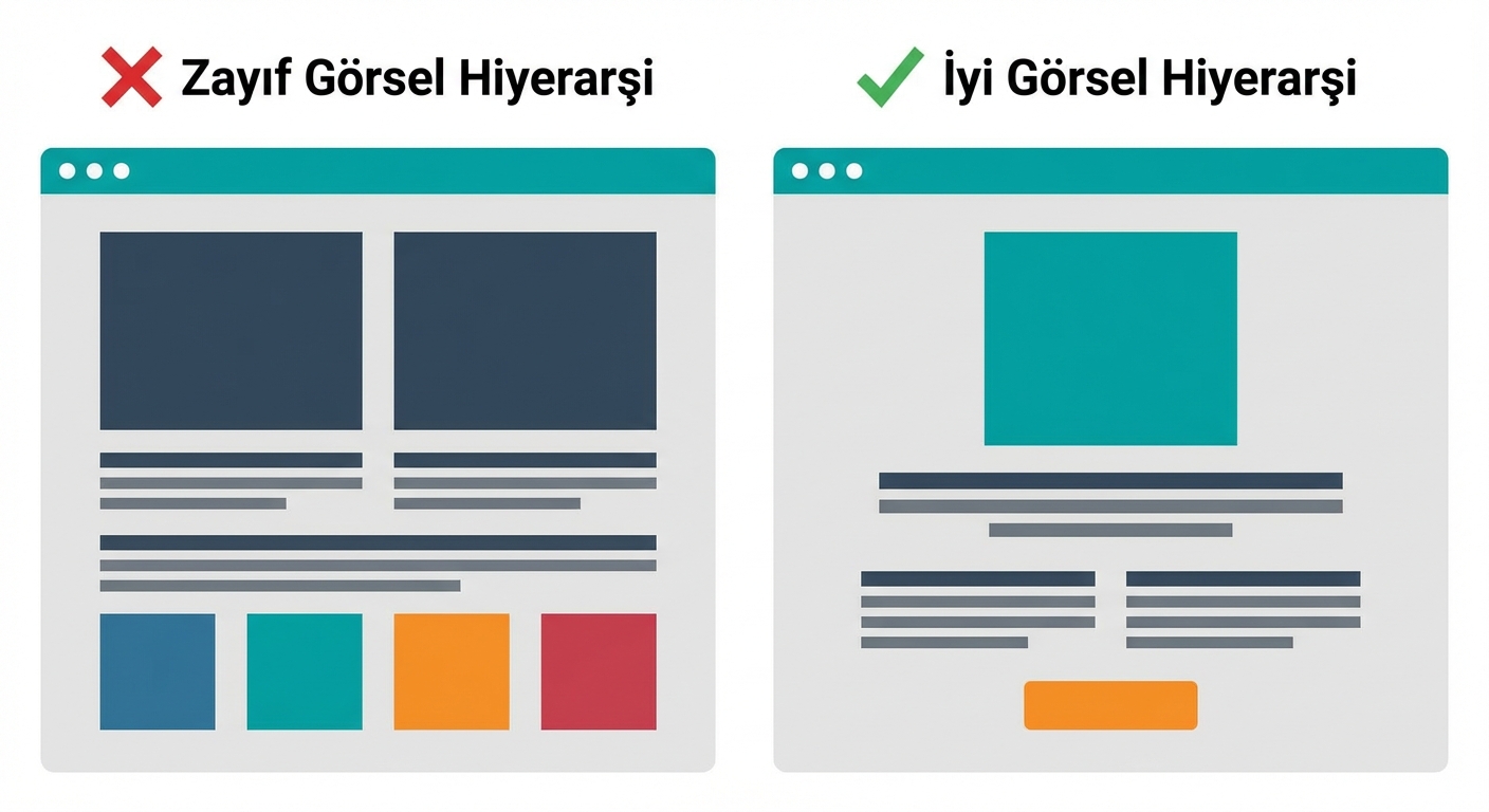 Zayıf görsel hiyerarşi: önemsizleştirme yok; iyi hiyerarşi: ton, boyut ve konum anlama sağlar
