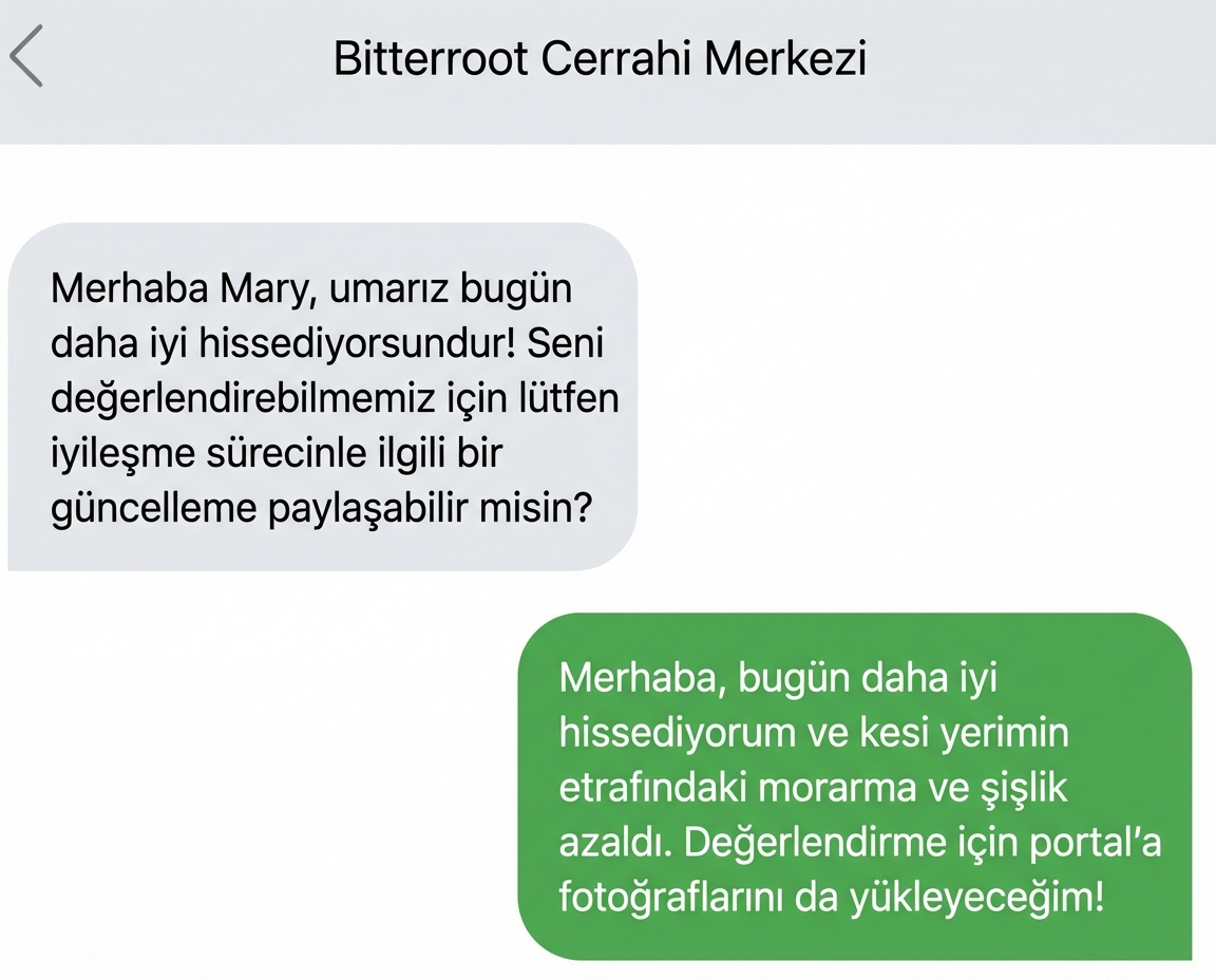 Yalnızca temel bilgileri açık biçimde ileten telefon mesajlaşma konuşmasını gösteren bir görsel