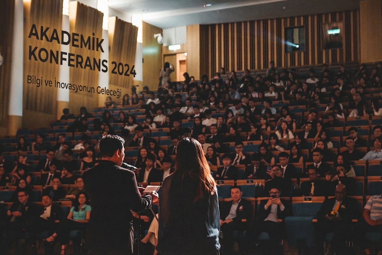 İki kişi sahnede yüzlerce kişilik dolu bir salona konuşuyor