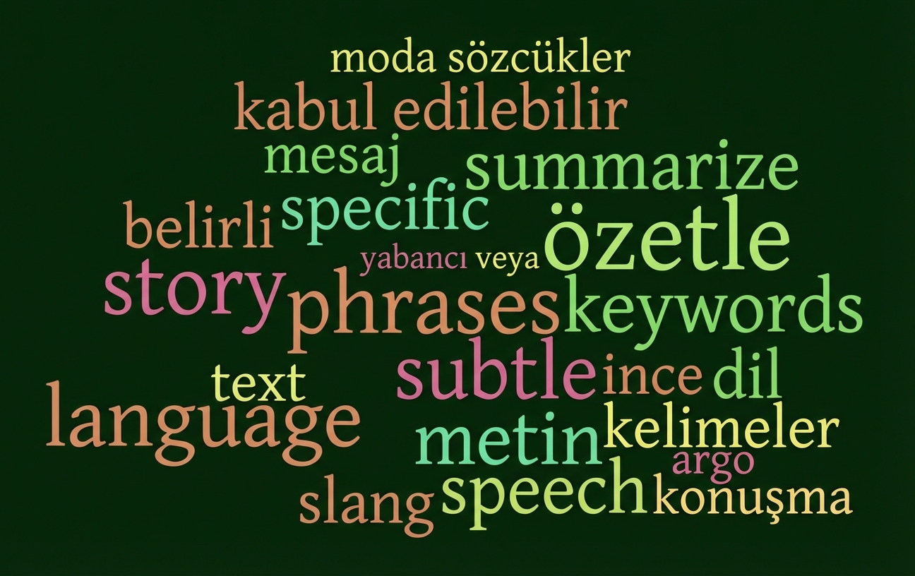 anlatıcının farklı renk ve slaytlarda söylediği kelimeleri gösteren kelime bulutu