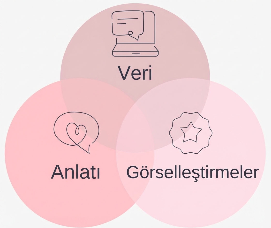 grafik iyi bir veri öyküsü için verinin, anlatının ve görsellerin harmanlandığını gösterir