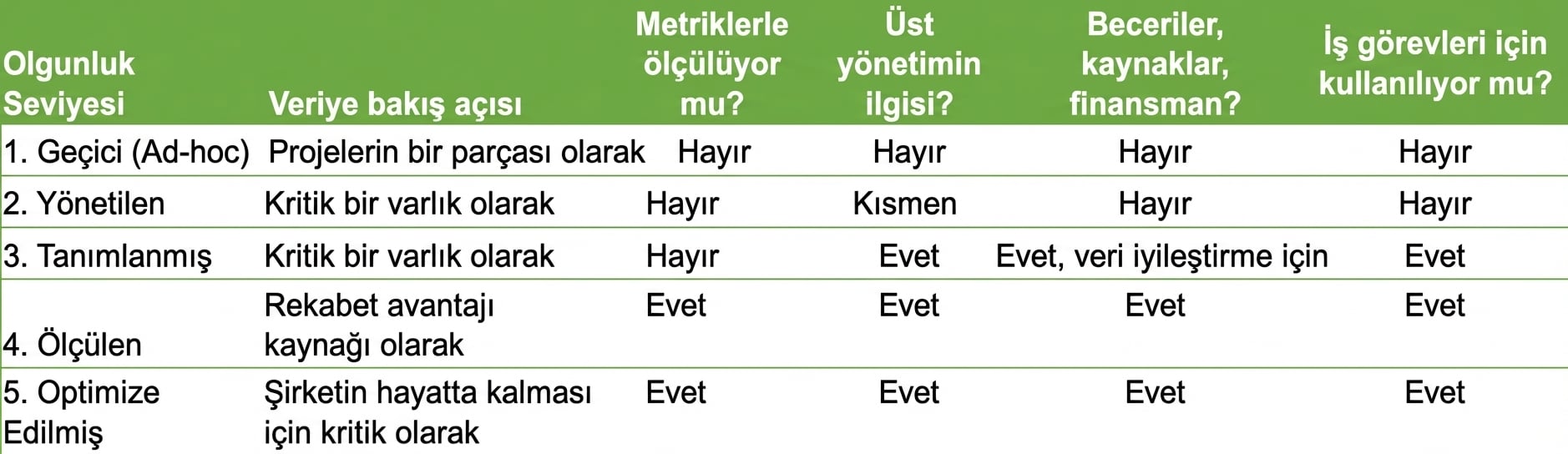 Veri yönetimi olgunluğunun farklı durumlarını gösteren bir çizelge