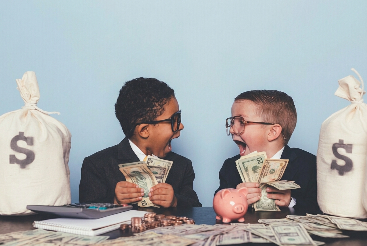 İki küçük erkek çocuğunun para tutup birbirlerine sevinçle bağırması