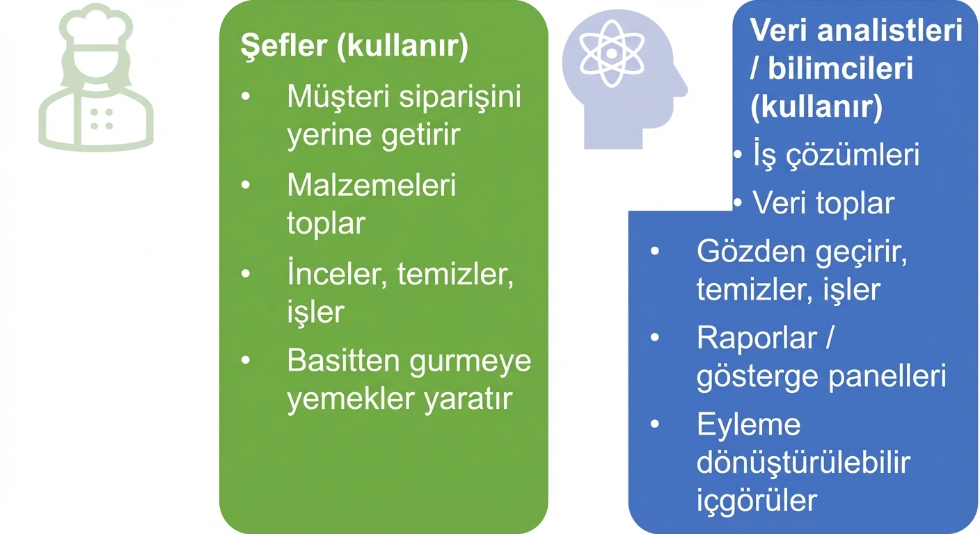 Şeflerin, veri analistlerinin ve veri bilimcilerinin sorumluluklarını gösteren görsel.