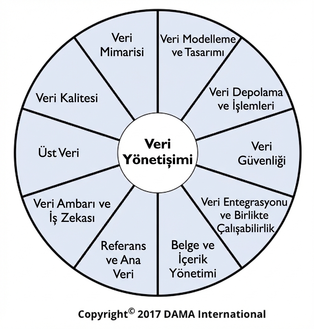 On farklı veri yönetimi bilgi alanını gösteren DAMA Veri Yönetimi Bilgi Birikimi çarkı görseli.