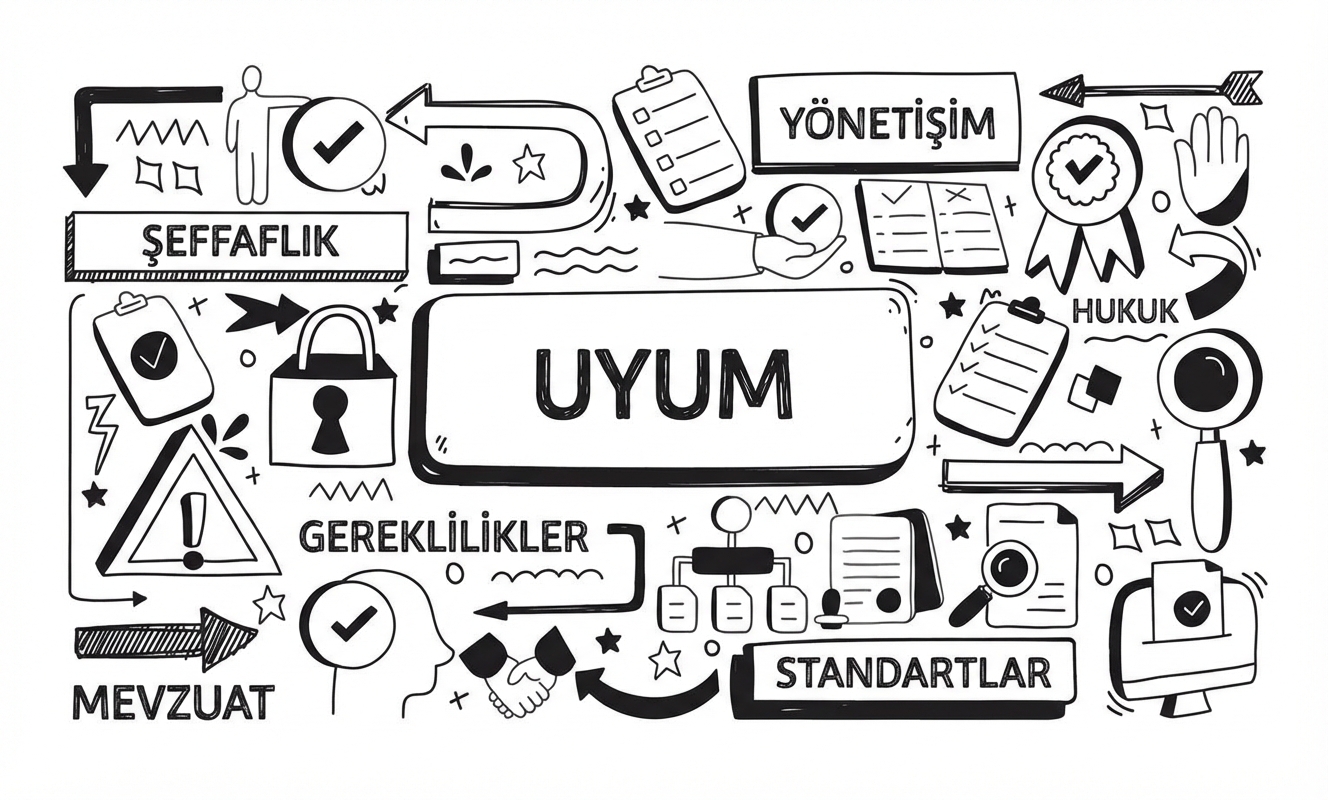 Yönetişim, gereksinimler ve düzenlemeler gibi nesne ve kelimelerle çevrili uyum kelimesini gösteren bir görsel