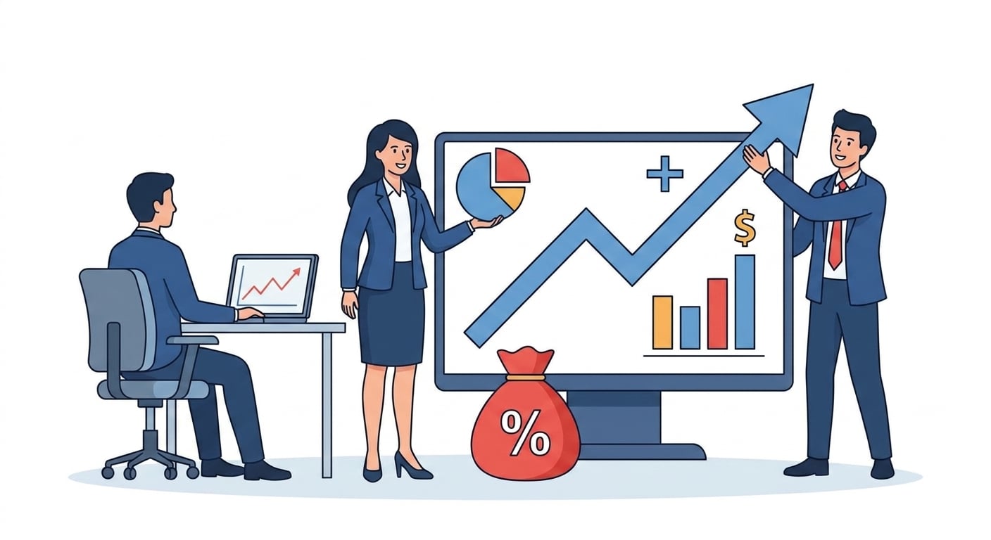 Bir ekibin veriye bakıp finansal performanstaki artışı gördüğünü gösteren görsel