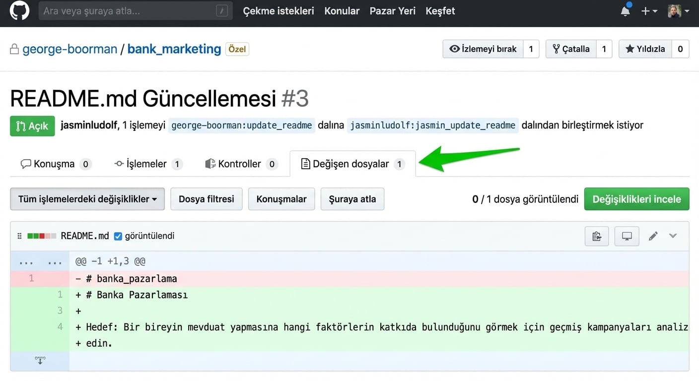 PR'da Değişen dosyalar sekmesinin depo sahibine görünümü