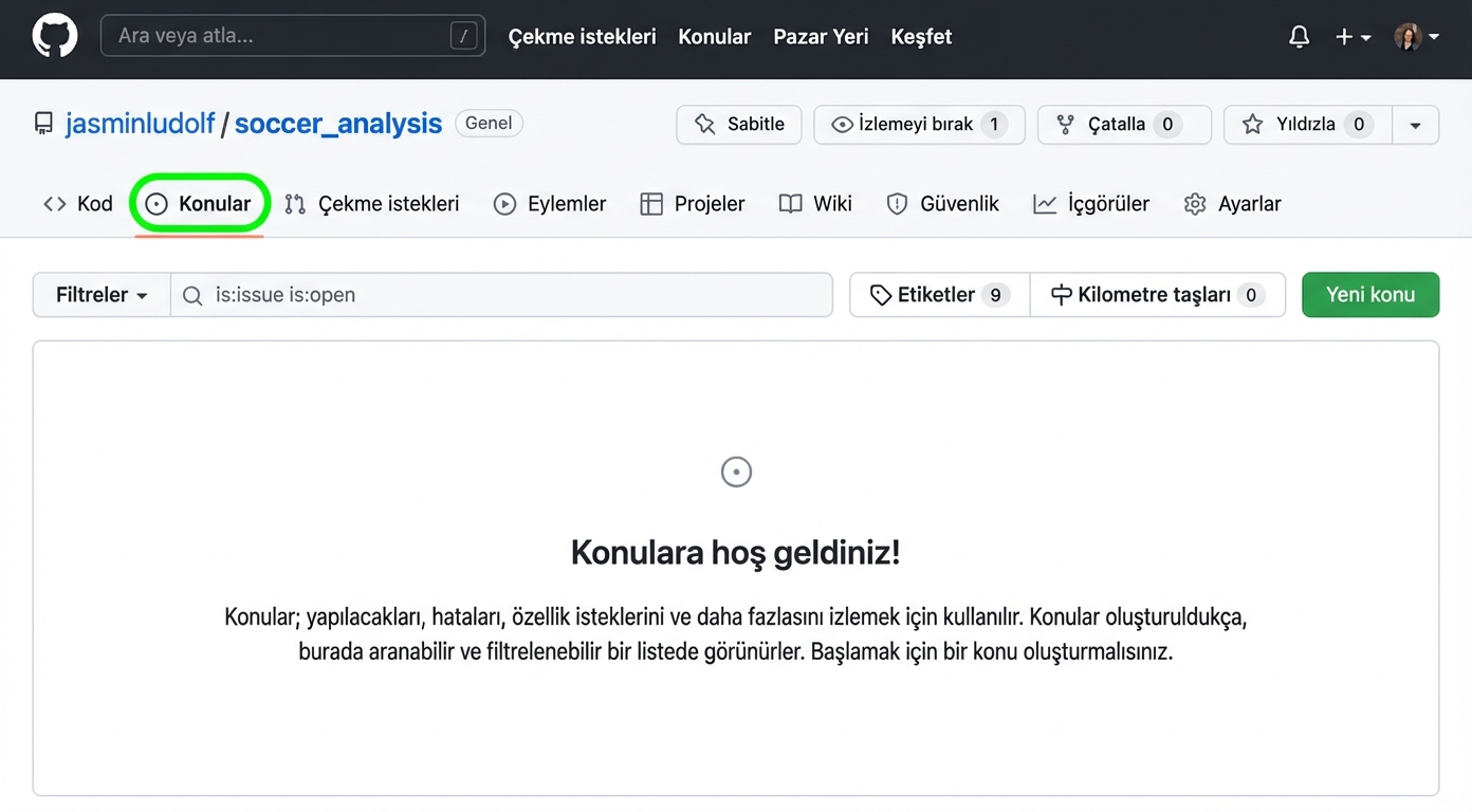 Issues sekmesi vurgulanmış futbol analizi deposu görünümü