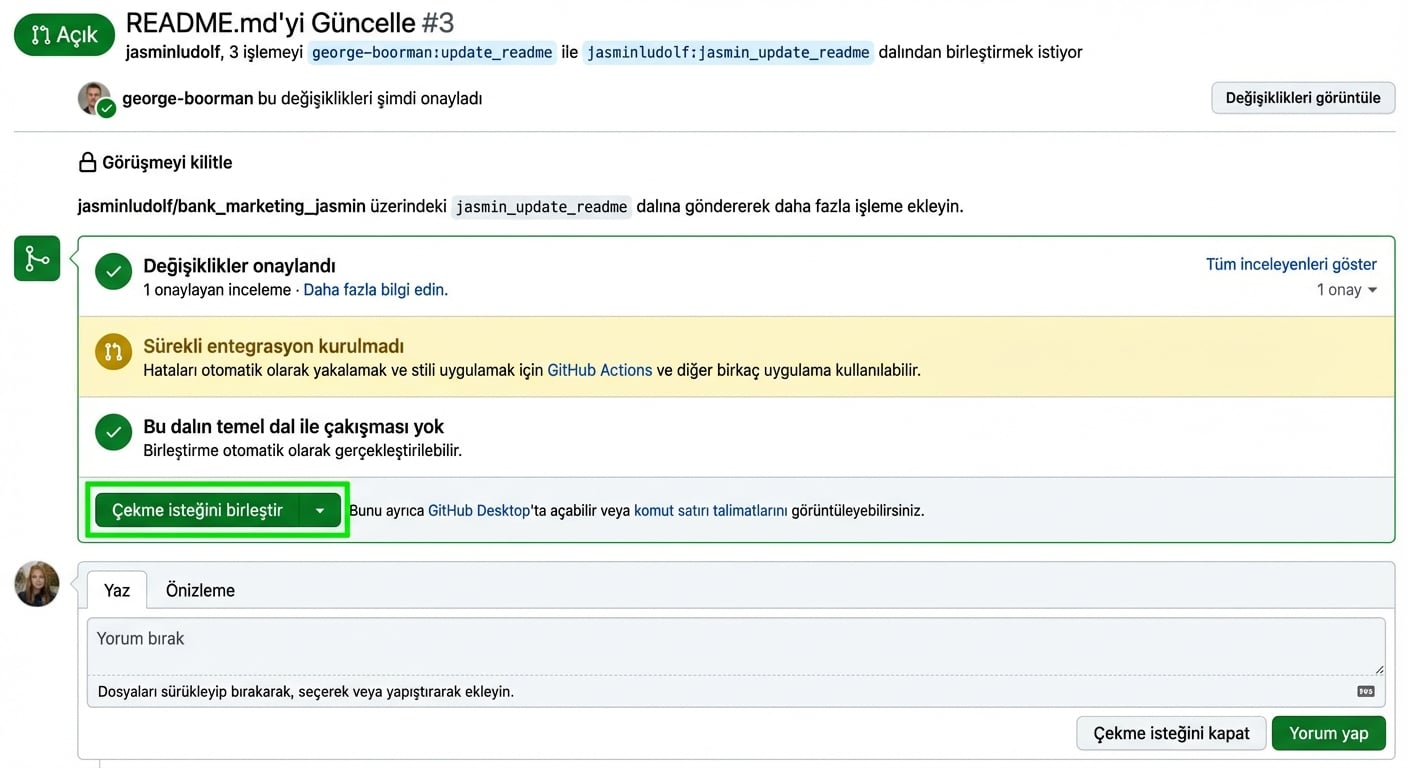 Onaylanmış PR'ın Birleştir düğmesi vurgulanmış depo sahibi görünümü