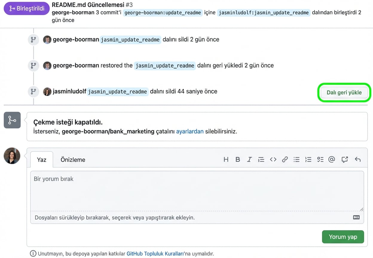 Kapalı PR'da Geri yükle düğmesi görünümü