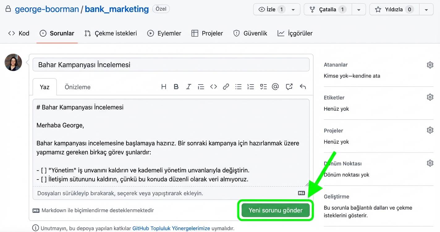 Başlık ve gövdesi doldurulmuş yeni bir issue oluşturma görünümü; Yeni issue gönder düğmesi vurgulu