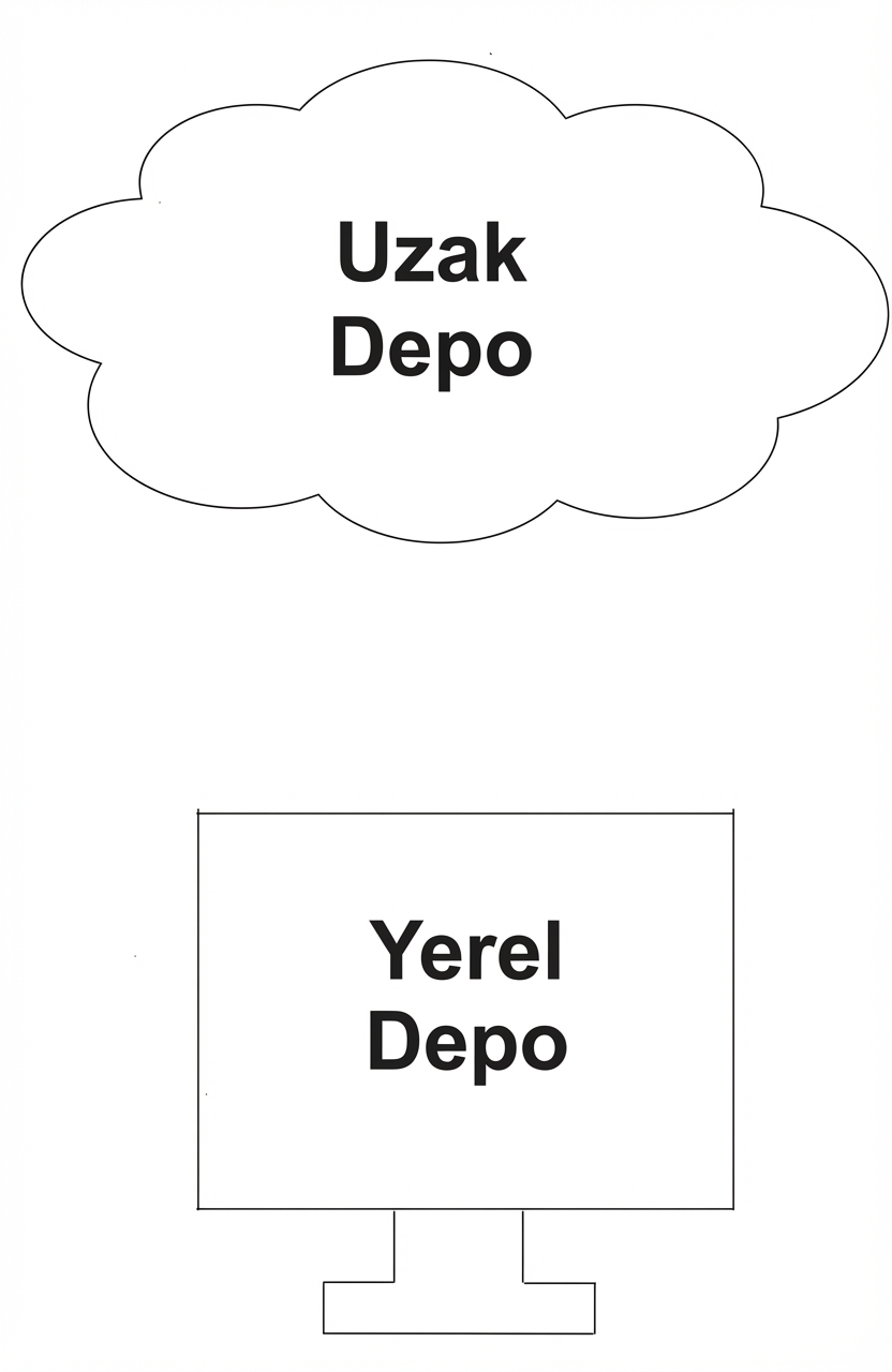 Bulut şeklinde "remote repo" ve bilgisayar içinde "local repo" yazıları olan görsel