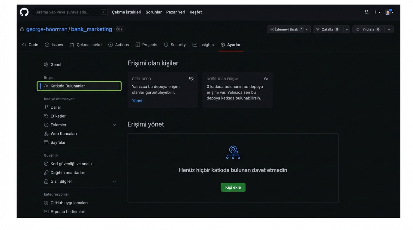Ayarlar sekmesinde erişimi olanları gösteren İşbirlikçiler sayfası