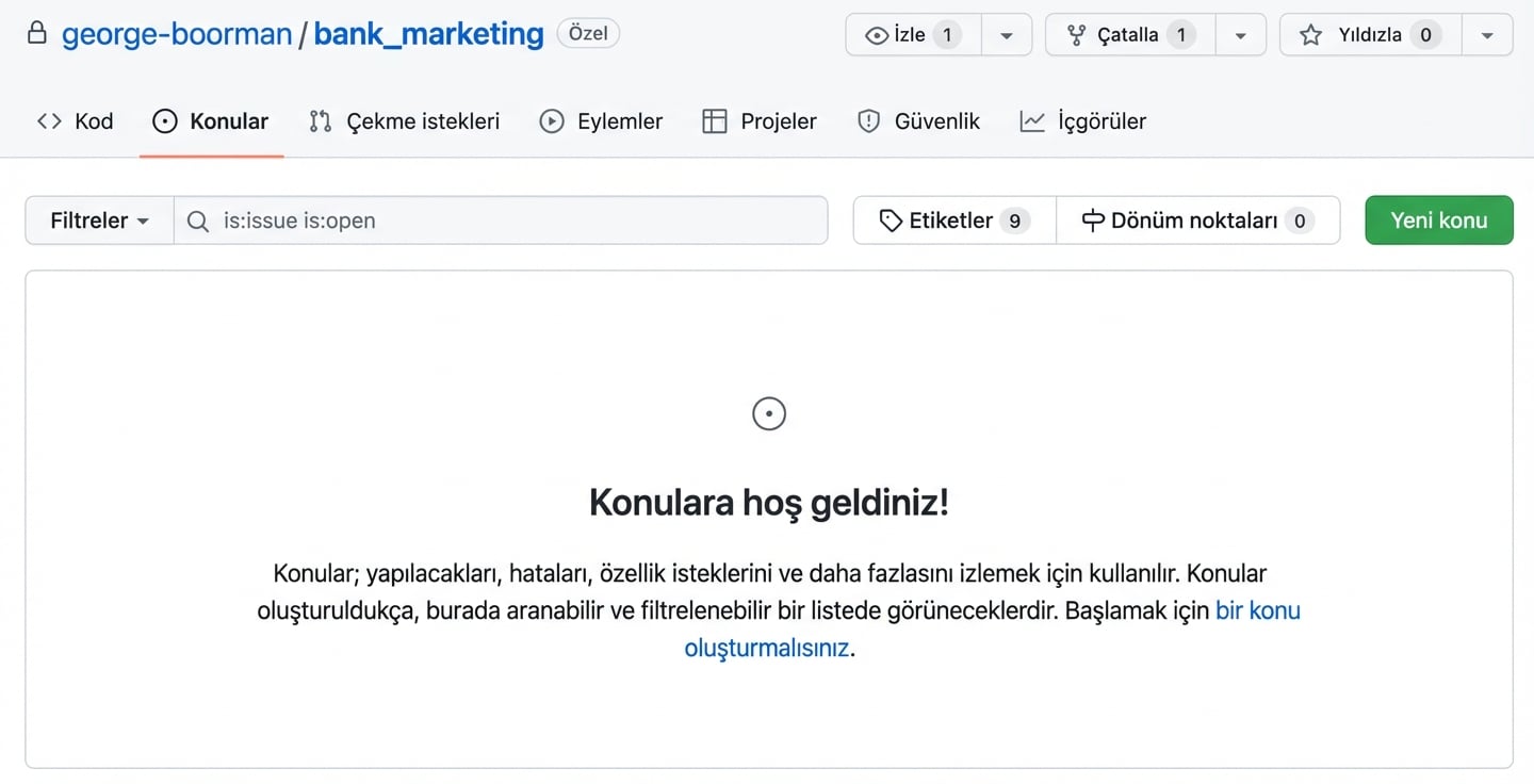 Issues sayfası; Yeni issue düğmesi vurgulu görünüm