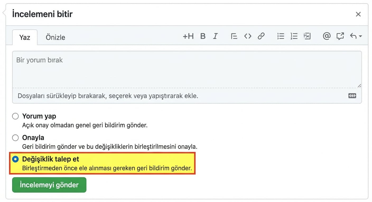 PR'a yanıt seçeneklerinin yakın görünümü; Değişiklik iste seçeneği daire içine alınmış.