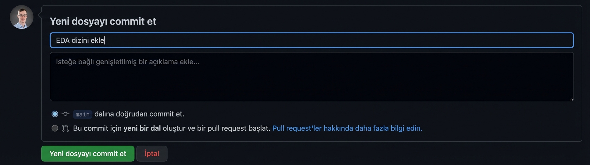 yeni dizini commit etme