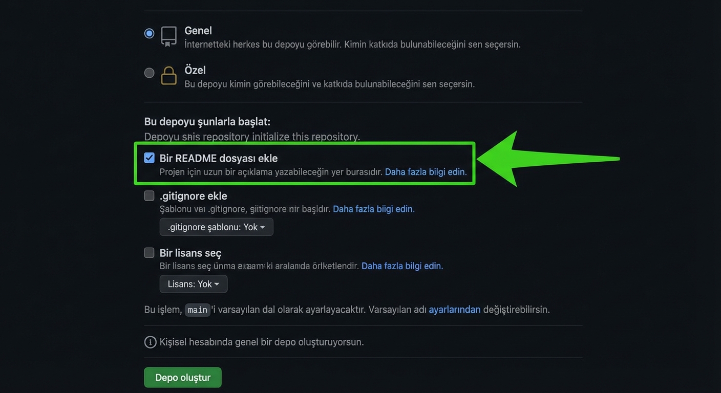GitHub'da yeni depo oluşturma sayfasında seçili ve vurgulanmış README ekle seçeneği