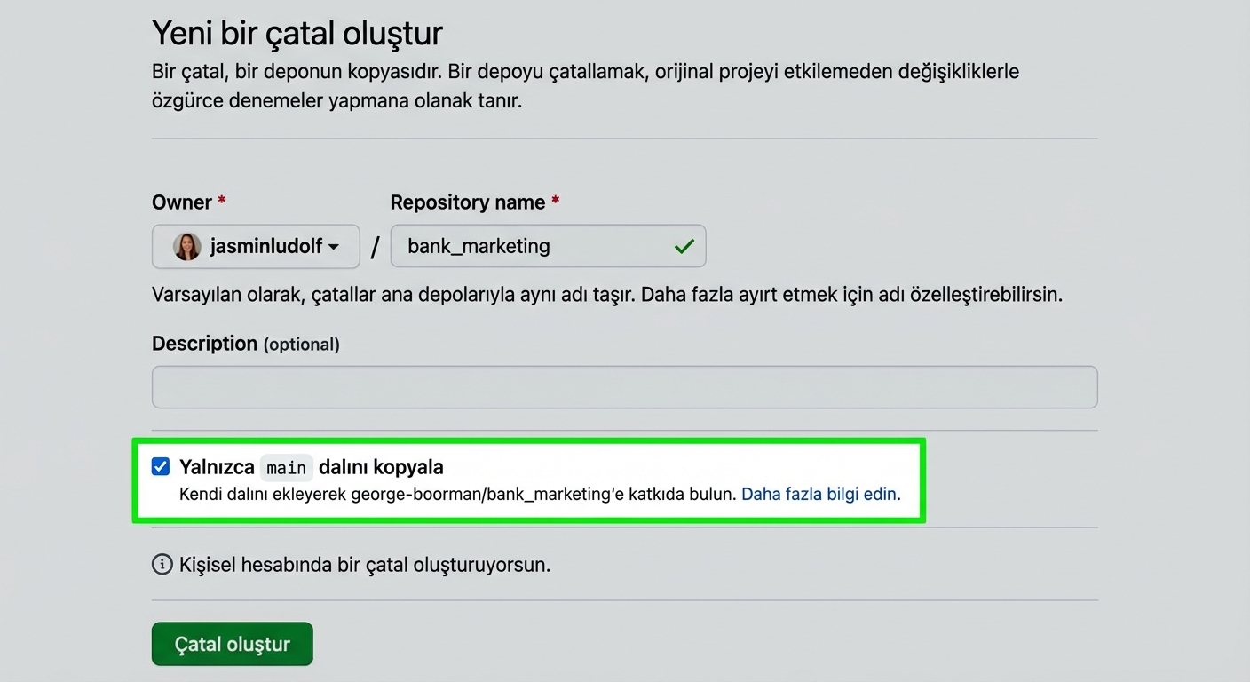 Yeni fork oluşturma sayfası; branch bölümü vurgulanmış