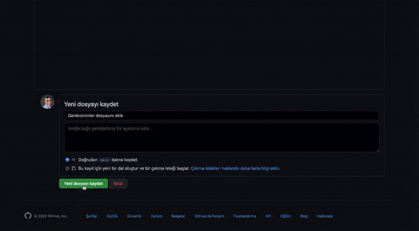 yeni dosyayı main dalına commit etme