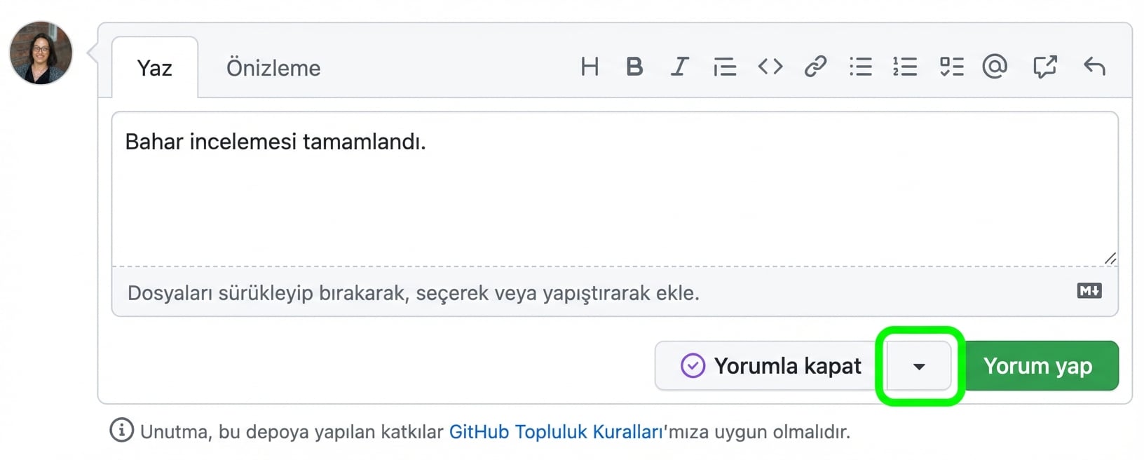 Açılır ok vurgulu kapatma yorumu görünümü