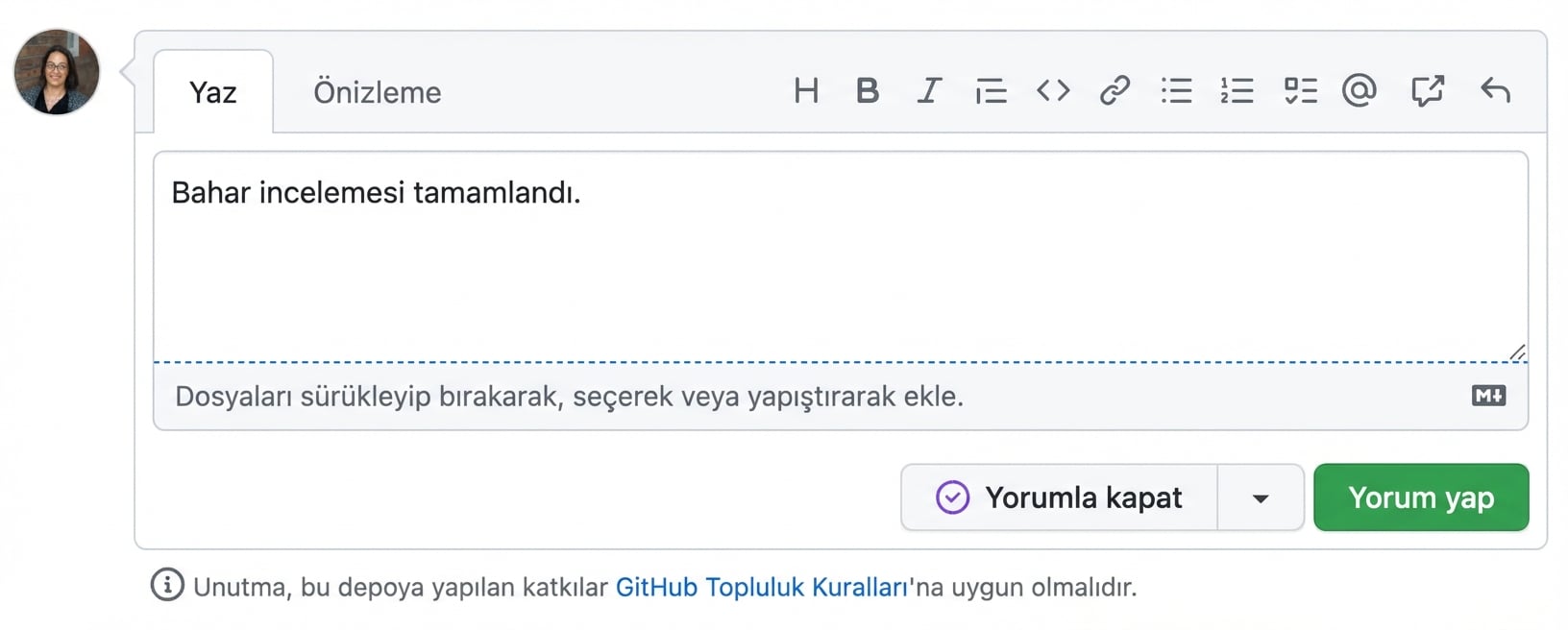 Kapatma yorumu görünümü