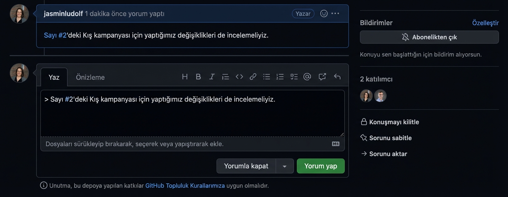Alıntılanmış bir yorum görünümü