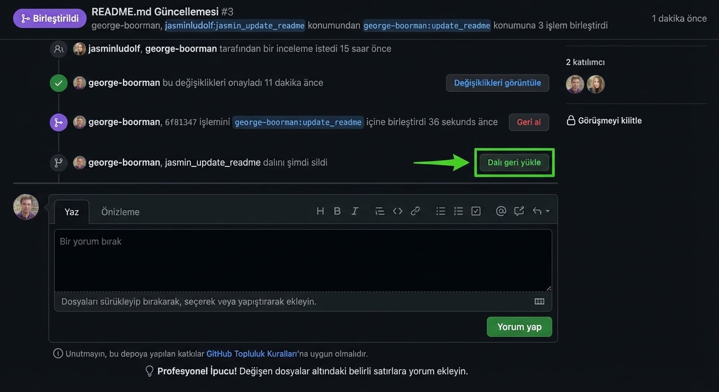 Birleştirilmiş PR'da Dalı geri yükle düğmesi vurgulanmış depo sahibi görünümü