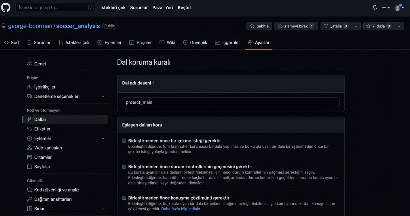 Birleştirmeden önce Çekme isteği gerektir'e tıklama
