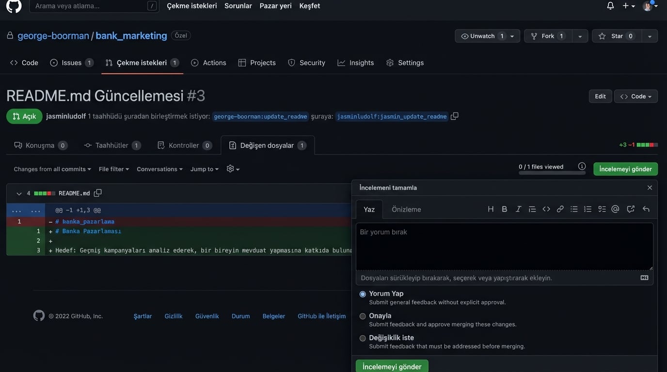 PR'da Değişiklikleri gözden geçir açılır menüsü görünen depo sahibi görünümü