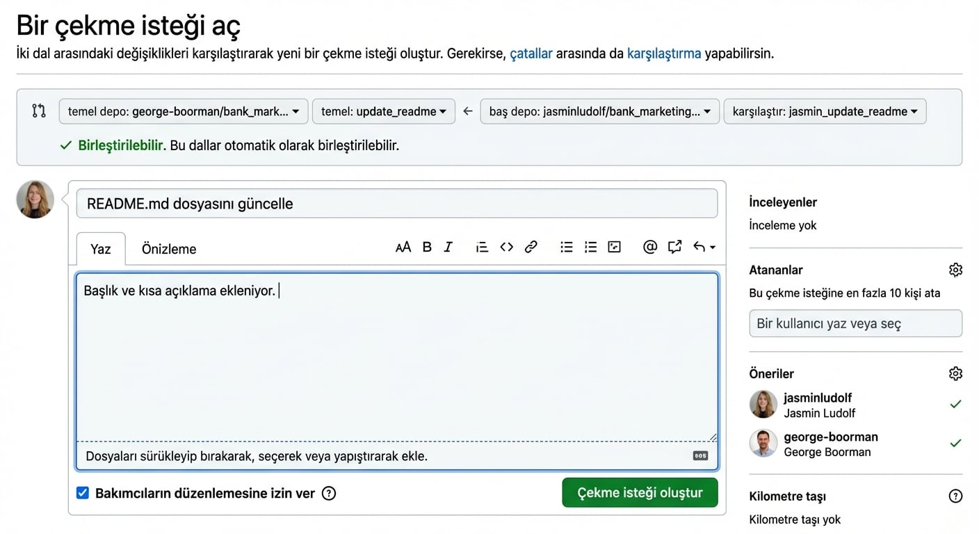 Çekme isteği atama görünümü