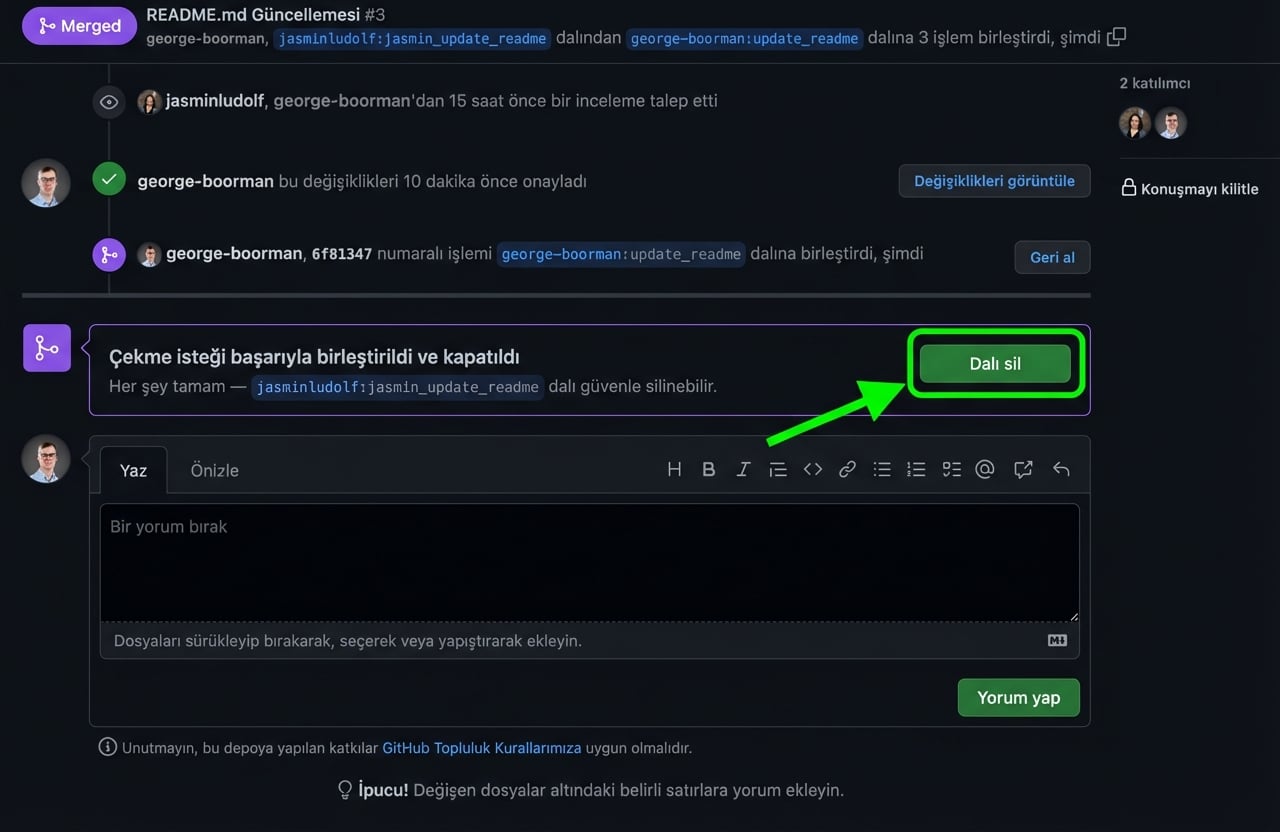 Birleştirilmiş PR'da Dalı sil düğmesi vurgulanmış depo sahibi görünümü