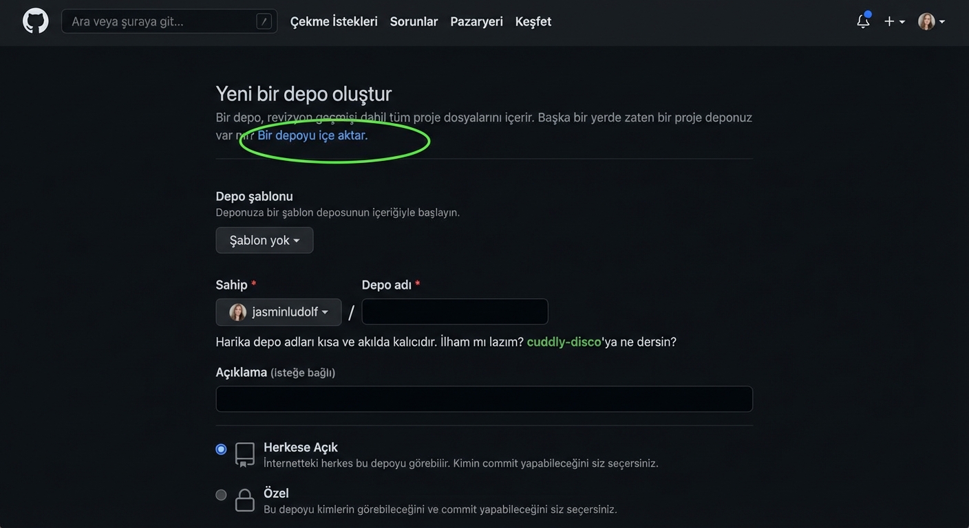 GitHub'da yeni depo oluşturma sayfasında vurgulanmış içe aktarma seçeneği görünümü