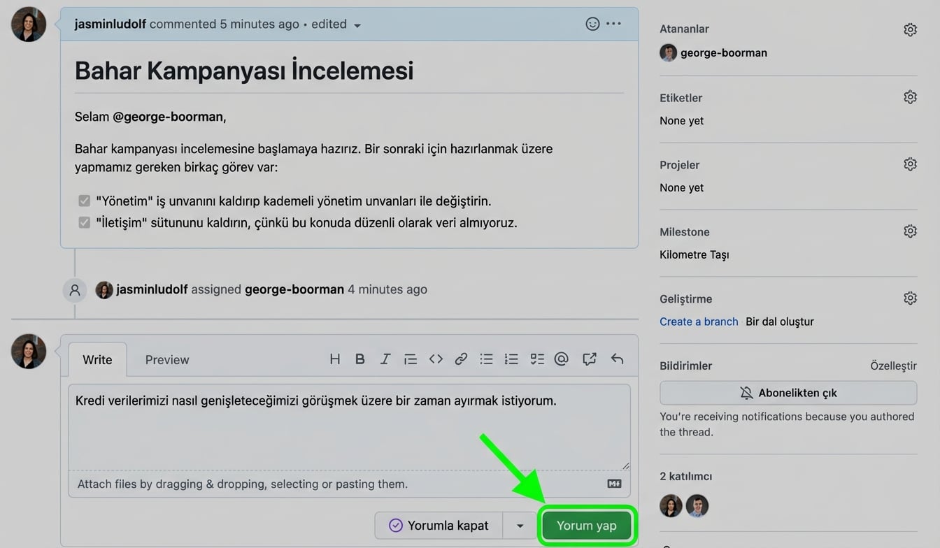 Mevcut bir issue’ya yorum ekleme görünümü