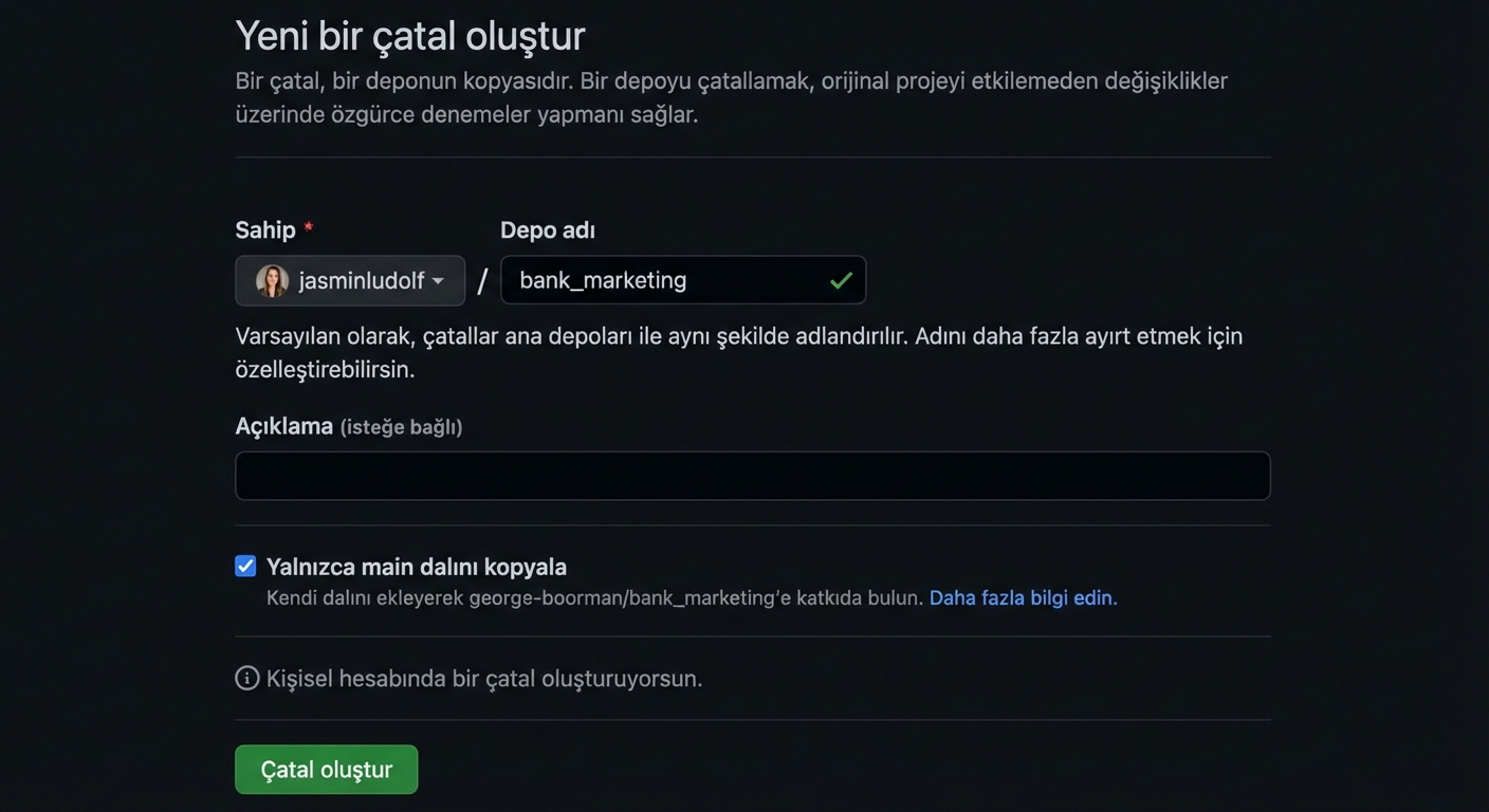 Yeni fork oluşturma sayfasının görünümü