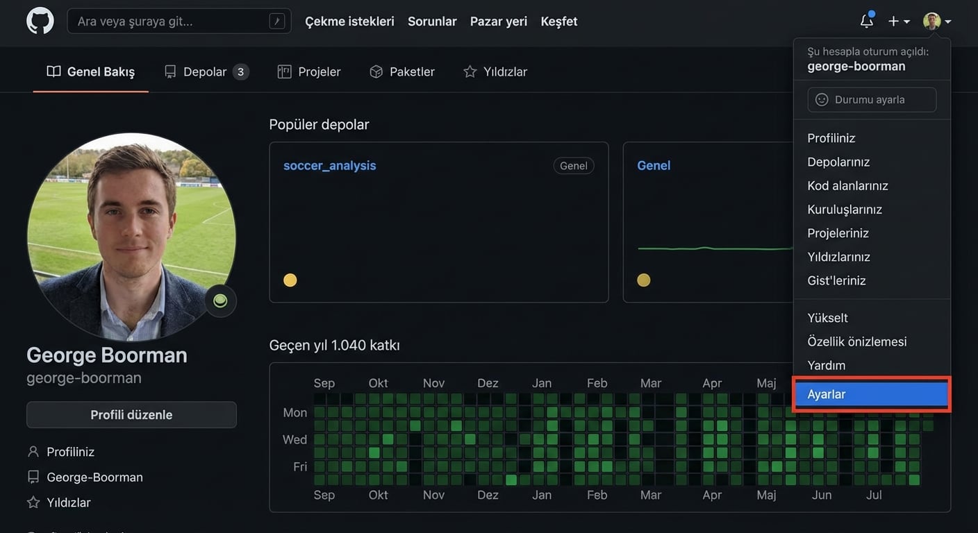 profil sayfasından ayarlara erişim bölümü