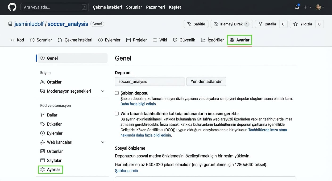 Ayarlar sekmesi vurgulanmış futbol analizi deposu görünümü