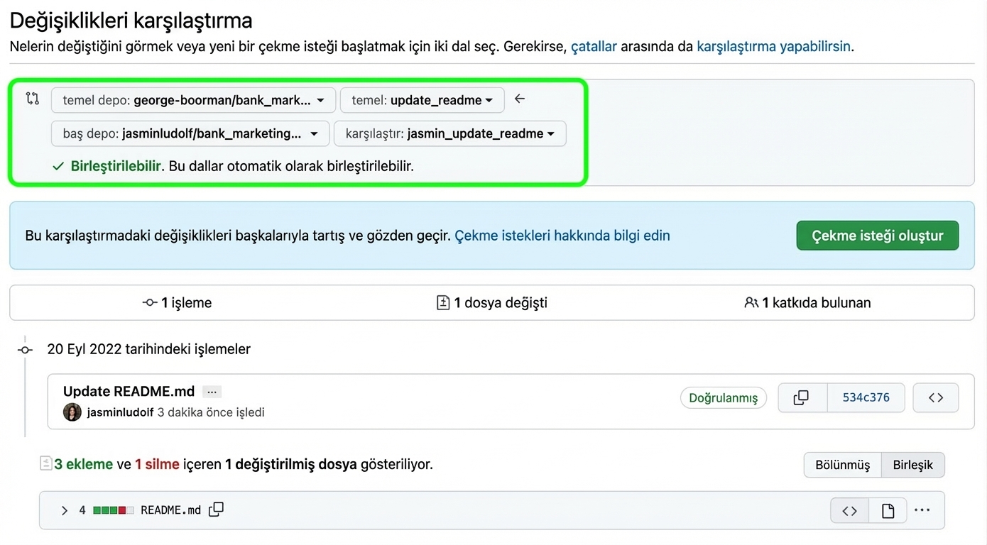 Değişiklikleri karşılaştırma görünümü; temel ve karşılaştırılan dallar vurgulu