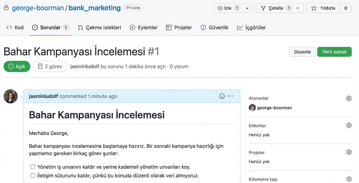 Kullanıcı atanmış gönderilmiş bir issue görünümü