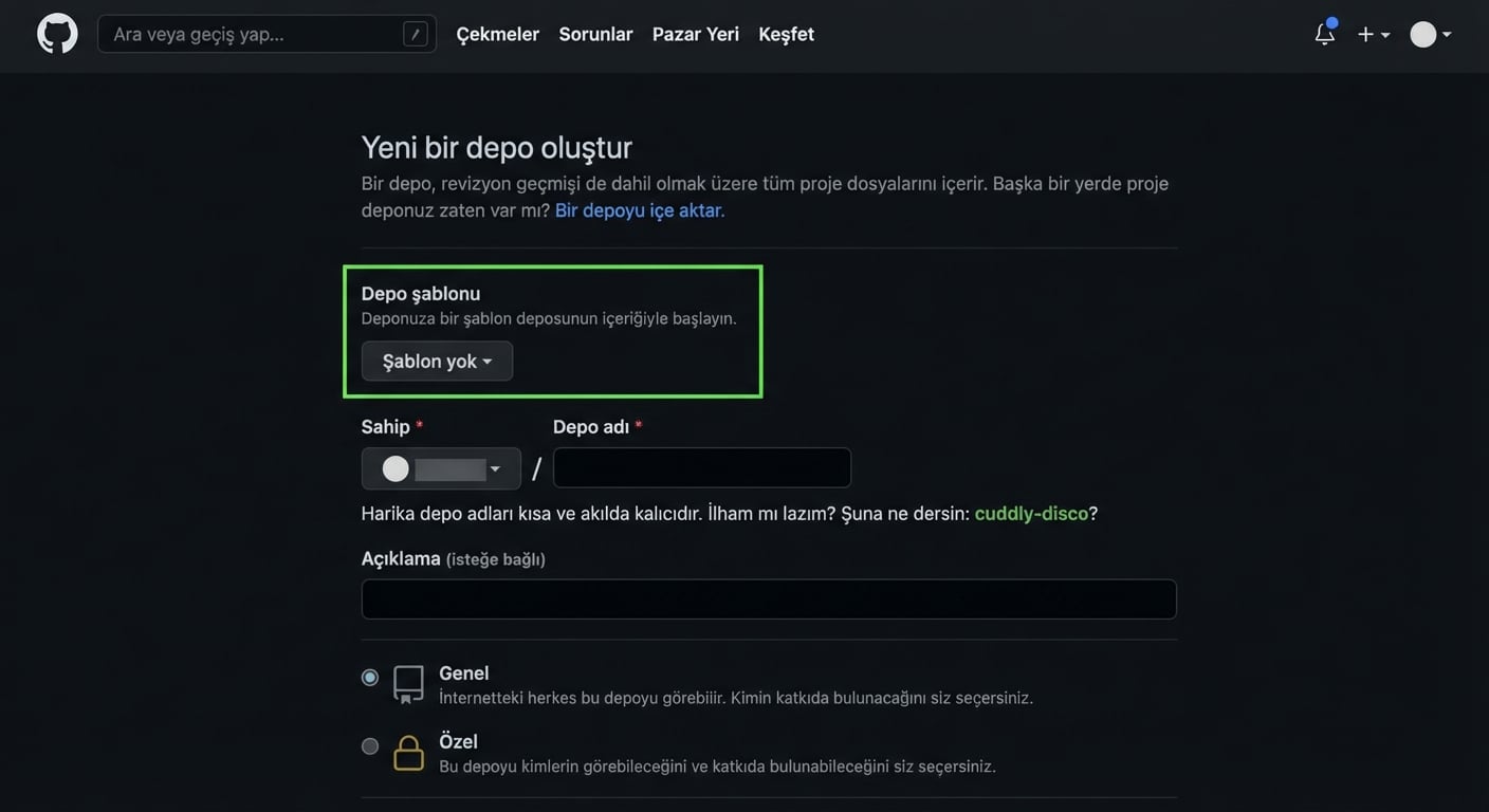 GitHub'da yeni depo oluşturma sayfasında vurgulanmış şablon seçeneği görünümü